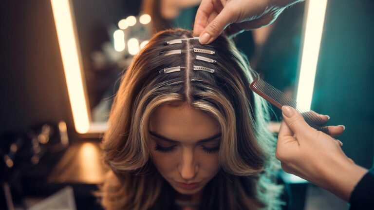 Illustration of clip-in layers being strategically placed by a stylist to create the illusion of a fuller haircut
