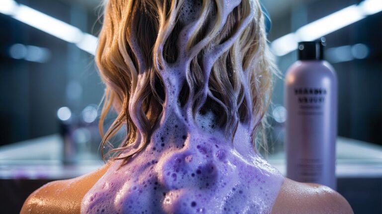 Illustration of purple shampoo cancelling yellow brassiness on blonde hair via colour correction