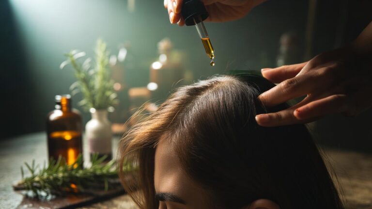 Illustration of rosemary oil being massaged into the scalp to stimulate hair growth