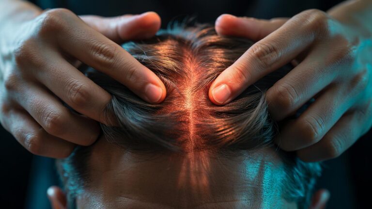 Illustration of scalp massage enhancing blood flow to hair follicles to promote thicker, fuller hair