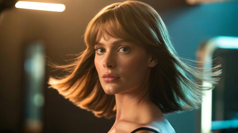 Illustration of a butterfly cut hairstyle with cascading layers and a soft, face-framing curtain fringe