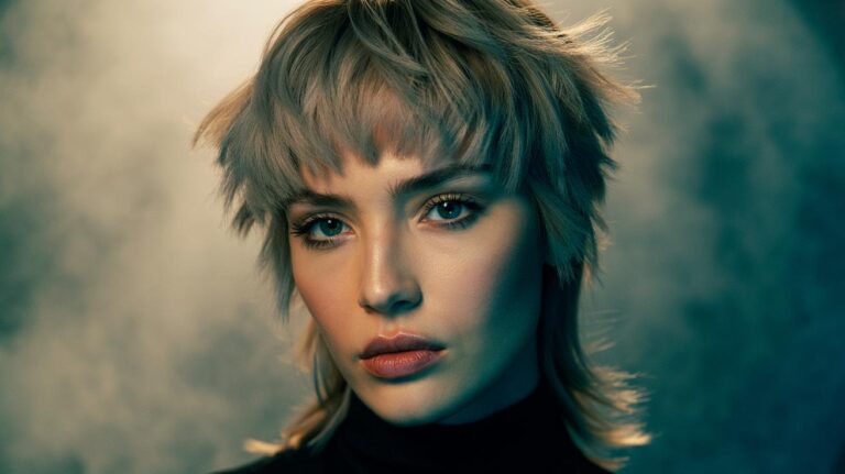 Illustration of a person with a wolf-cut fringe featuring micro-layering that frames the eyes