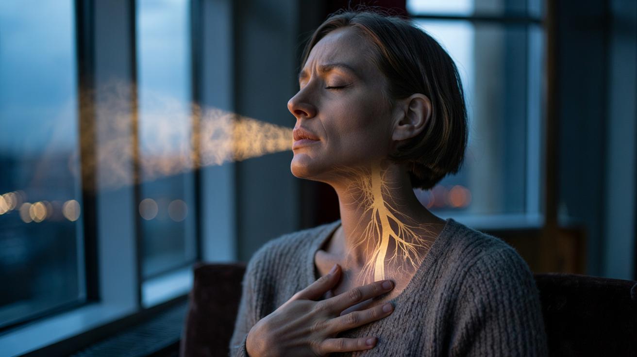 Illustration of a person practicing a 3-breath pause with a slow, extended exhale to activate the vagus nerve and ease a panic attack