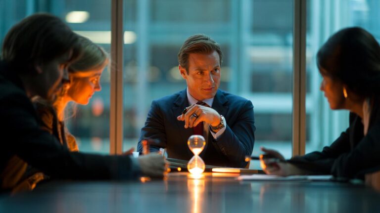 Illustration of a confident professional holding a five-second pause before responding in conversation to signal authority and earn respect