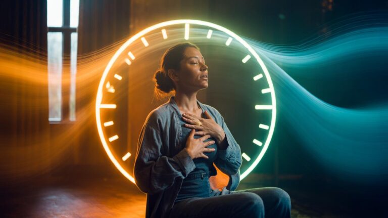 Illustration of a person pausing with a 90-second timer and naming their feelings to stop a mood spiral