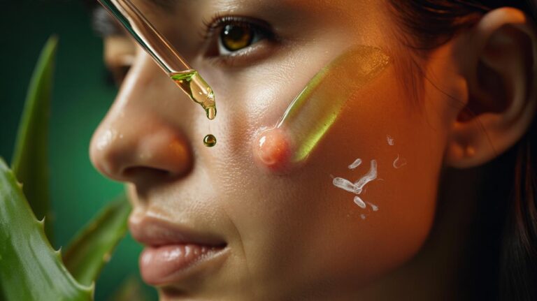 Illustration of aloe vera gel and tea tree oil applied on acne-prone skin to kill Cutibacterium acnes and visibly reduce spots within 48 hours