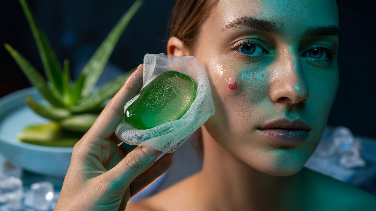 Illustration of aloe vera gel ice cubes applied to an inflamed facial spot to reduce redness and swelling