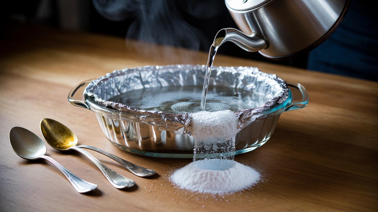 Illustration of silver cutlery in an aluminium foil-lined dish with hot water and baking soda, showing the gentle tarnish-lifting reaction