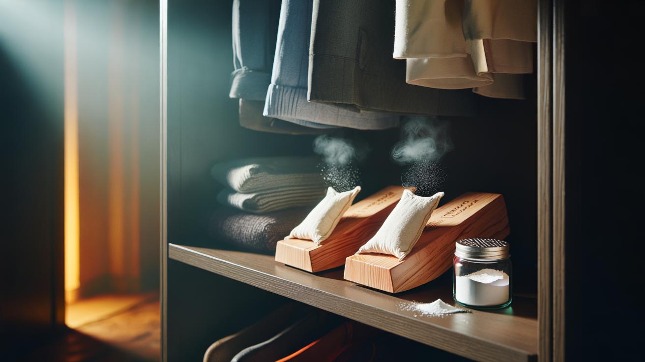 Illustration of baking soda sachets placed inside shoes on a closet shelf to absorb moisture and neutralise odours
