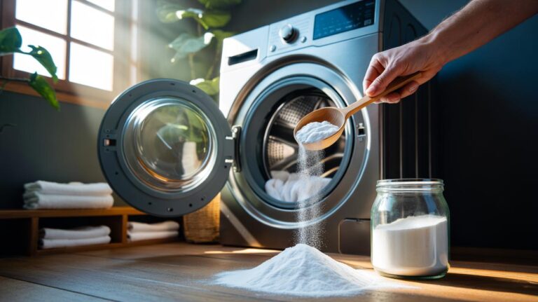 Illustration of baking soda being added to a washing machine drum to prevent mouldy odours