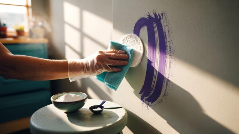 Illustration of a person using a baking soda paste and a microfiber cloth to gently remove marker from a painted wall