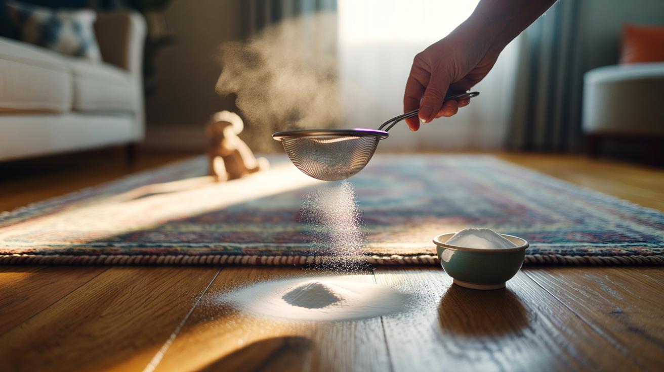 Illustration of baking soda being sprinkled under a rug to neutralise odours for months