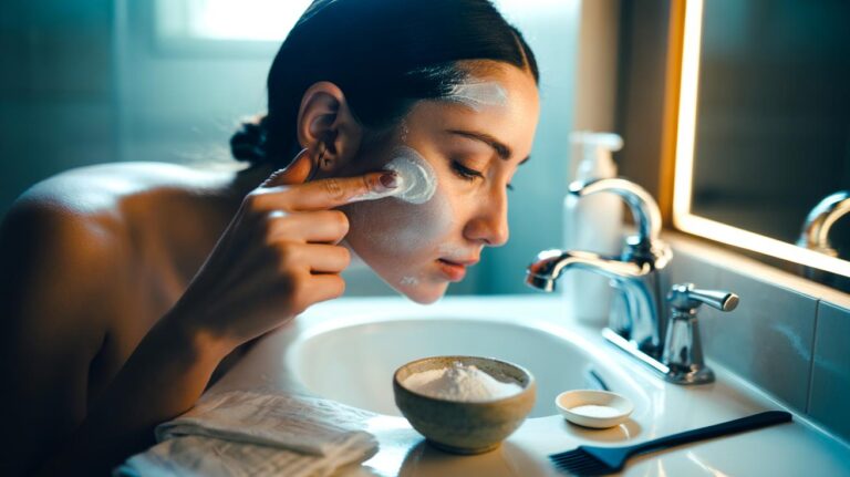 Illustration of hands gently applying a baking soda and water paste along the hairline to lift hair dye stains from skin