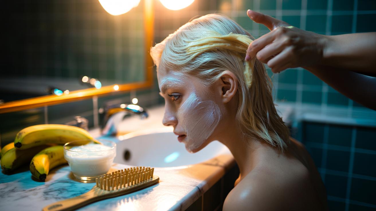 Illustration of a banana and yoghurt hair mask being applied to bleached hair
