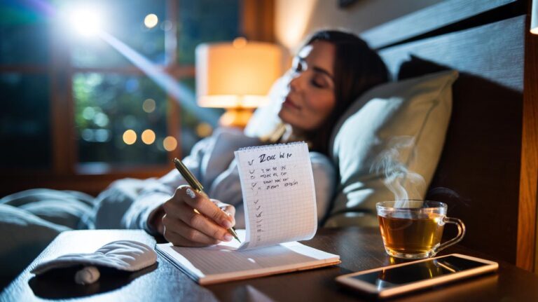 Illustration of a person in bed writing a bedtime done list to celebrate small wins and calm racing thoughts for deeper sleep