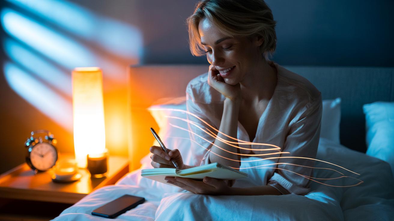 Illustration of a person writing a bedtime gratitude list to lower cortisol and encourage deeper sleep.