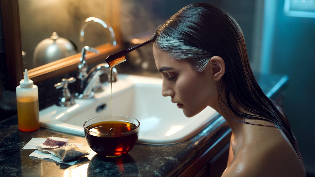 Illustration of a person applying a black tea rinse to grey roots, using tannins to temporarily darken hair
