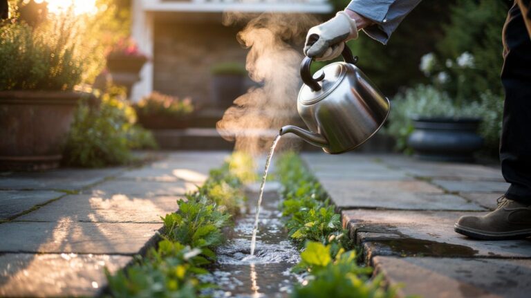 Illustration of boiling water being poured onto weeds between paving stones to kill roots without chemicals