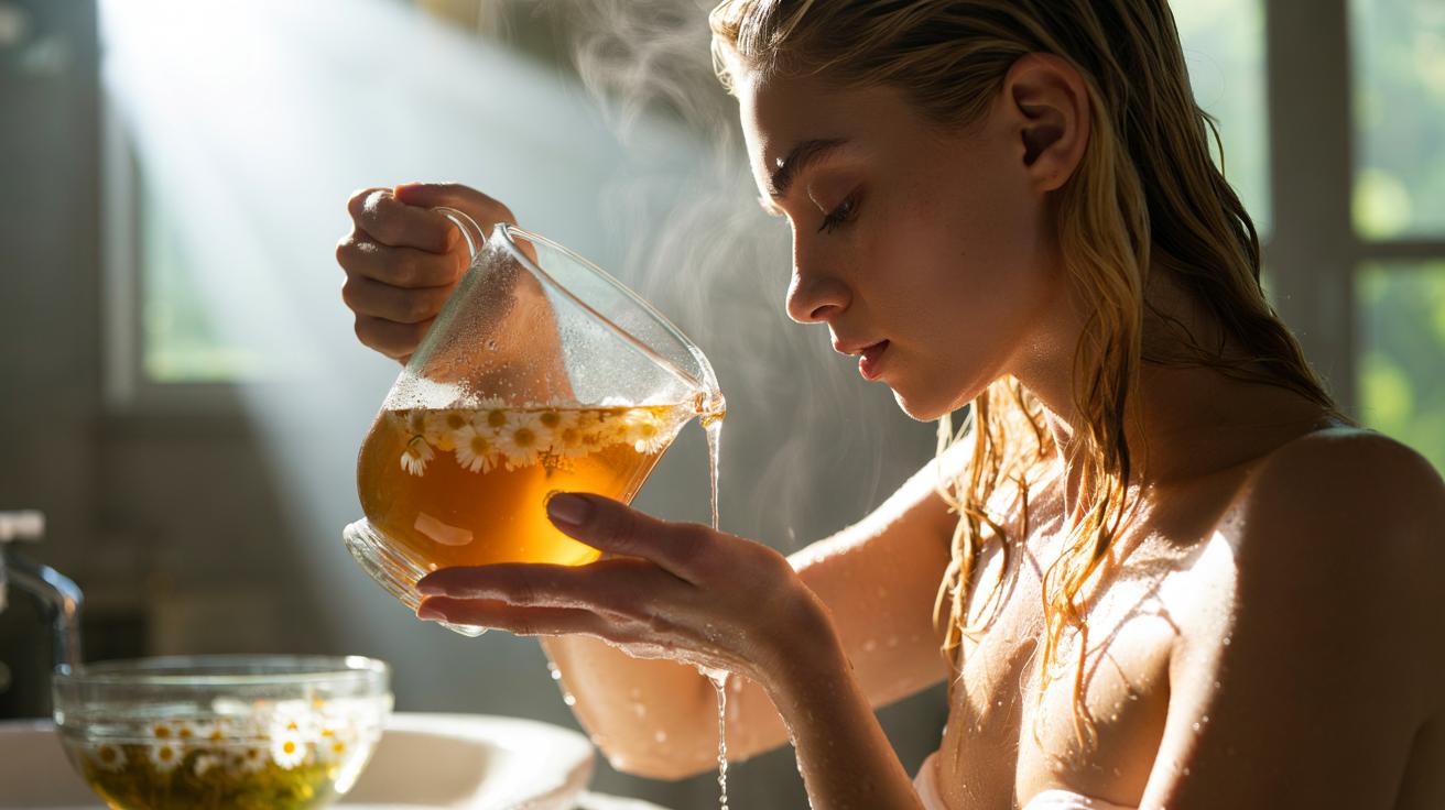 Illustration of a blonde person rinsing their hair with a chamomile infusion to safely enhance golden shine via apigenin