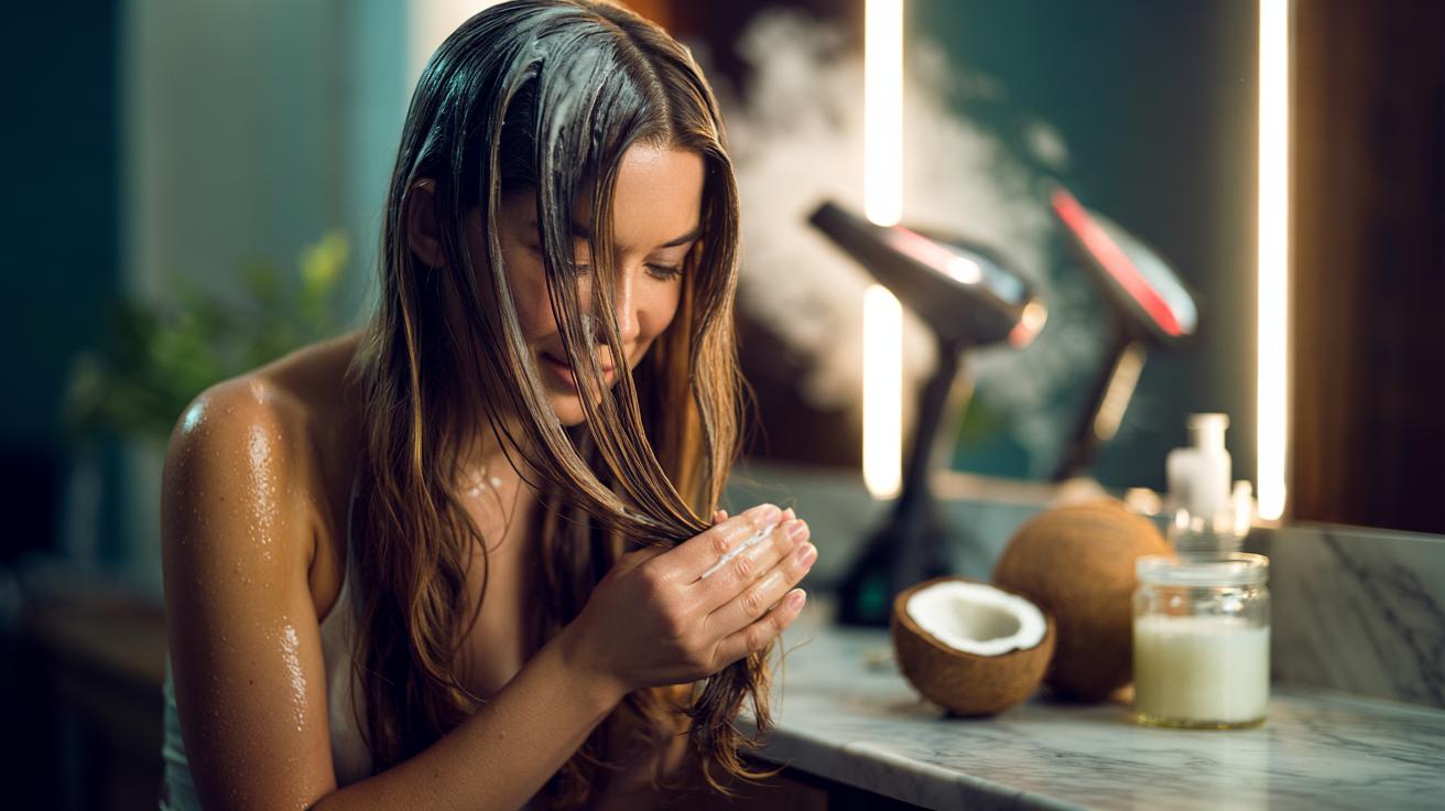Illustration of a coconut oil pre-shampoo coating hair strands to protect against heat damage like silicone