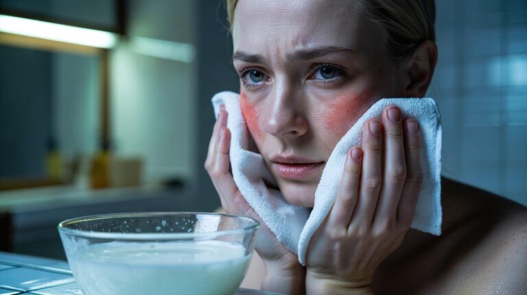 Illustration of a person applying a chilled milk-soaked cloth to red, irritated facial skin to reduce redness and soothe inflammation