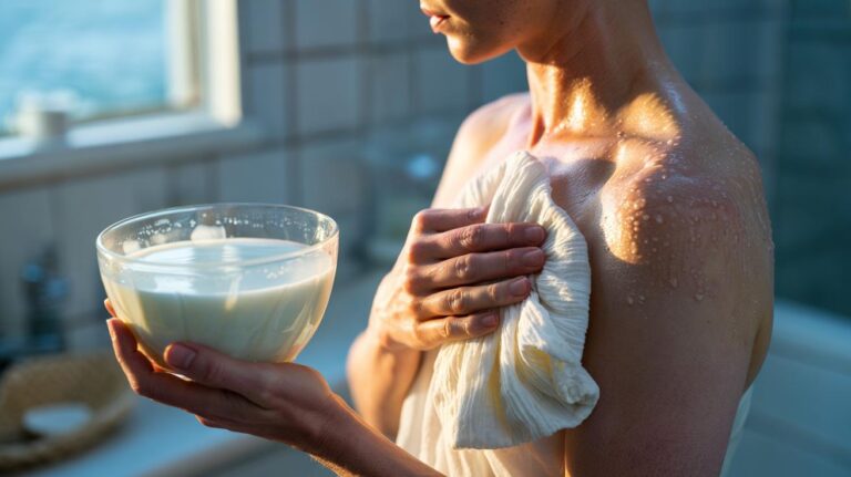 Illustration of a cold milk compress being applied to sunburned skin, showing cooling relief and the soothing role of milk fats