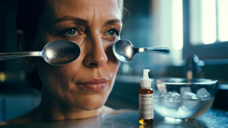 Illustration of a person pressing chilled stainless-steel teaspoons under the eyes to reduce puffiness