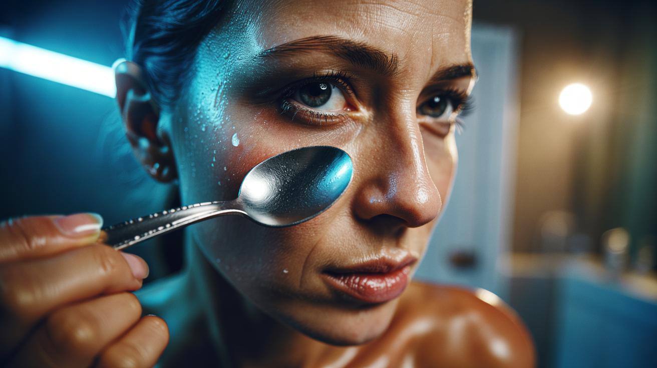Illustration of a chilled stainless steel spoon held under the lower eyelid to drain fluid and reduce dark circles