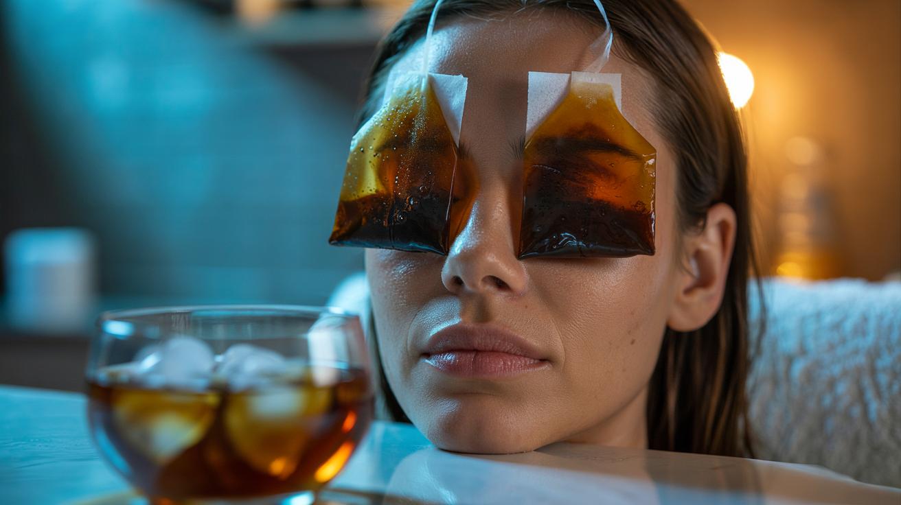 Illustration of a person applying chilled tea bags over closed eyelids to reduce puffy eyes with caffeine-induced vasoconstriction