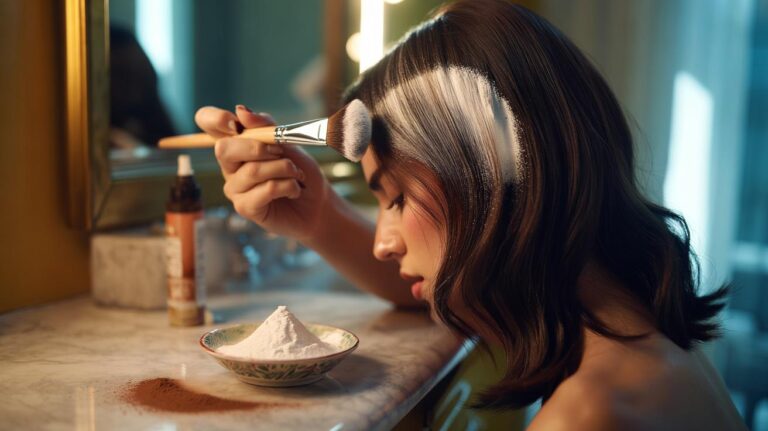 Illustration of cornstarch dry shampoo being applied with a makeup brush to dark hair roots, demonstrating invisible oil absorption