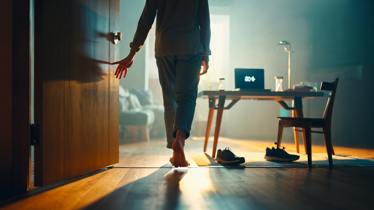 Illustration of a person touching a doorframe and stating the next micro-action to overcome procrastination.