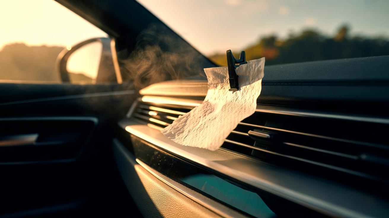 Illustration of a dryer sheet secured to a car air vent, releasing fragrance to keep the cabin smelling fresh while driving
