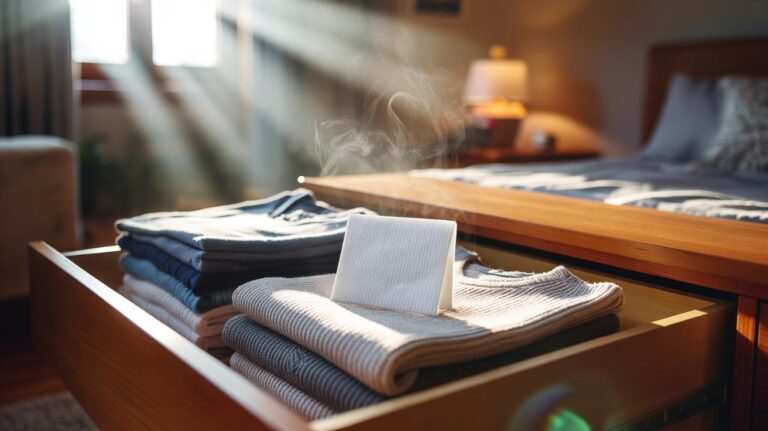 Illustration of an open drawer with folded garments and a visible dryer sheet releasing fragrance to keep clothes smelling fresh