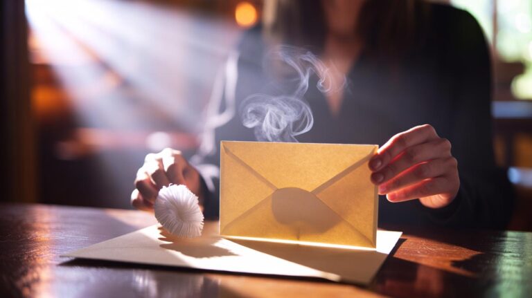 Illustration of a dryer sheet used to lightly scent a handwritten letter and its envelope