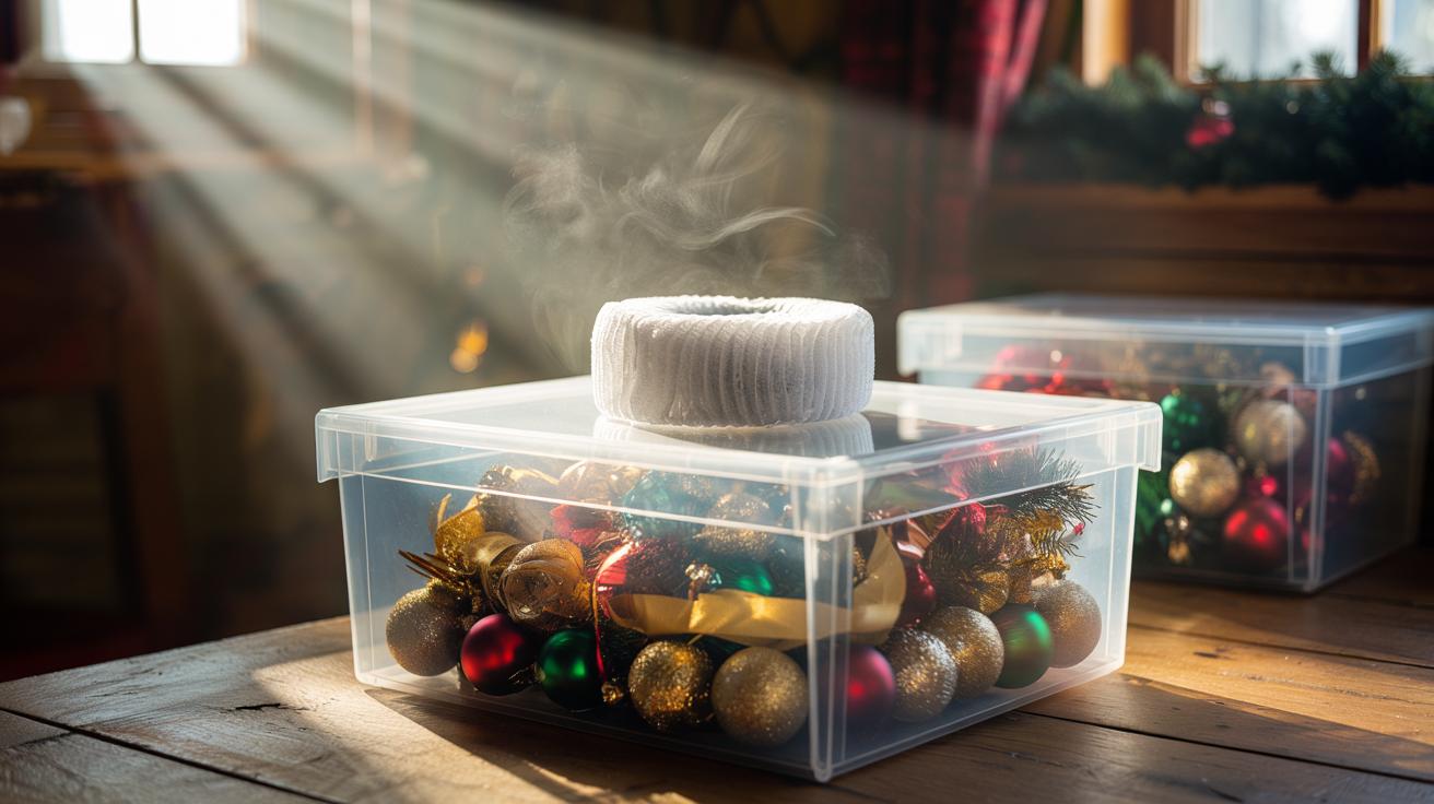 Illustration of a dryer sheet placed inside a sealed plastic storage box with holiday decorations to keep them fresh