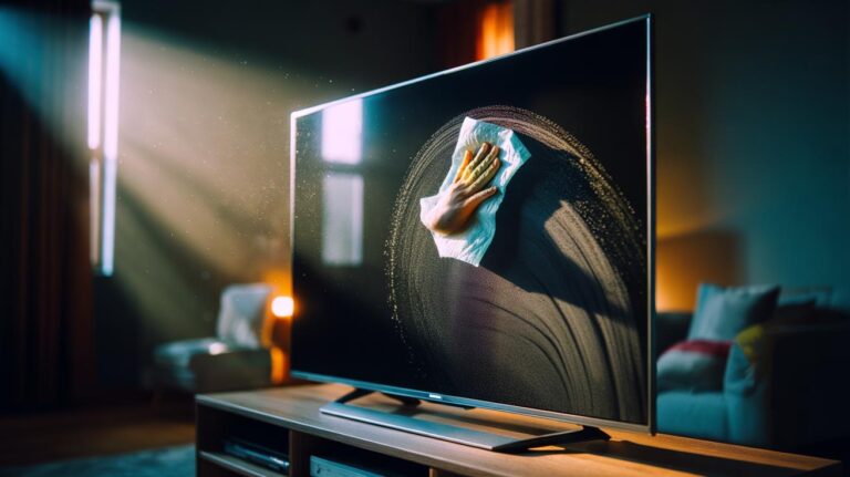 Illustration of a hand wiping a TV screen with a dryer sheet to neutralise static and repel dust