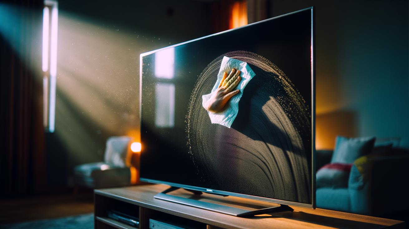 Illustration of a hand wiping a TV screen with a dryer sheet to neutralise static and repel dust