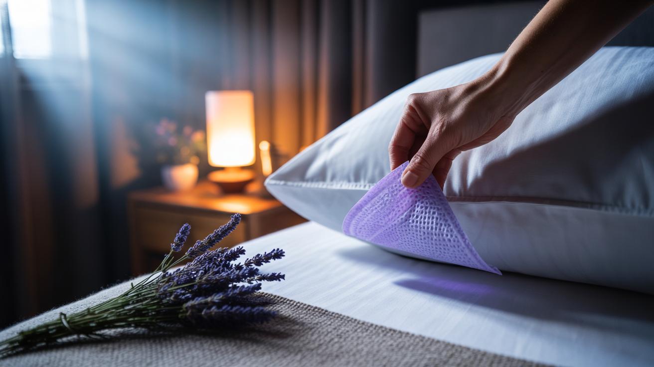 Illustration of a lavender-scented dryer sheet tucked under a pillowcase to promote calm sleep