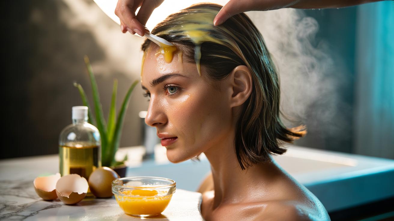 Illustration of an egg yolk hair mask being applied to an oily scalp to balance sebum with lecithin