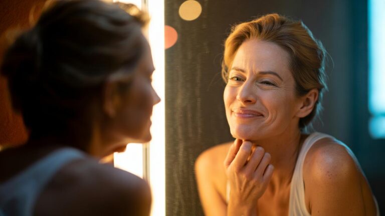 Illustration of a person practicing a 10-second fake smile to boost mood via facial feedback