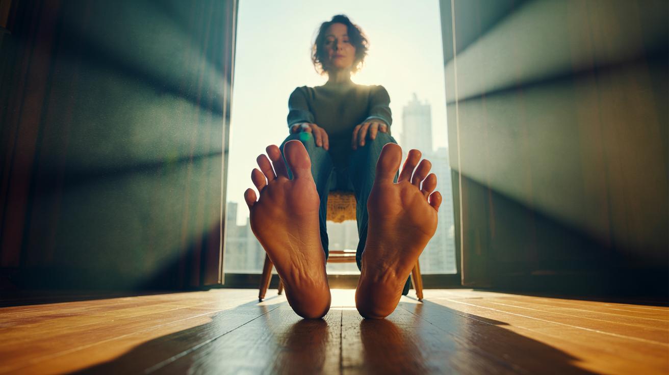 Illustration of a person seated with both feet flat on the floor, focusing on the soles to ground anxiety and anchor attention in the present