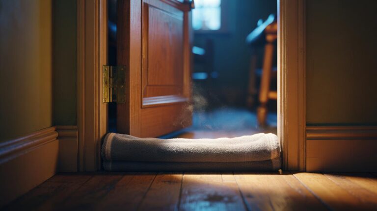 Illustration of a folded, dense fabric towel placed along the bottom of a closed door to block draughts and trap warm air inside