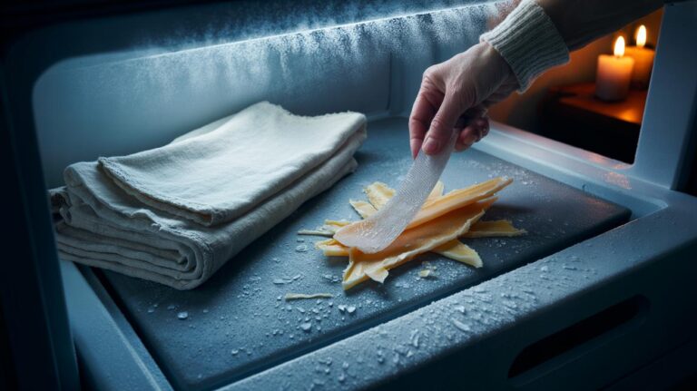 Illustration of candle wax on fabric being chilled in a freezer and cracking off in clean flakes