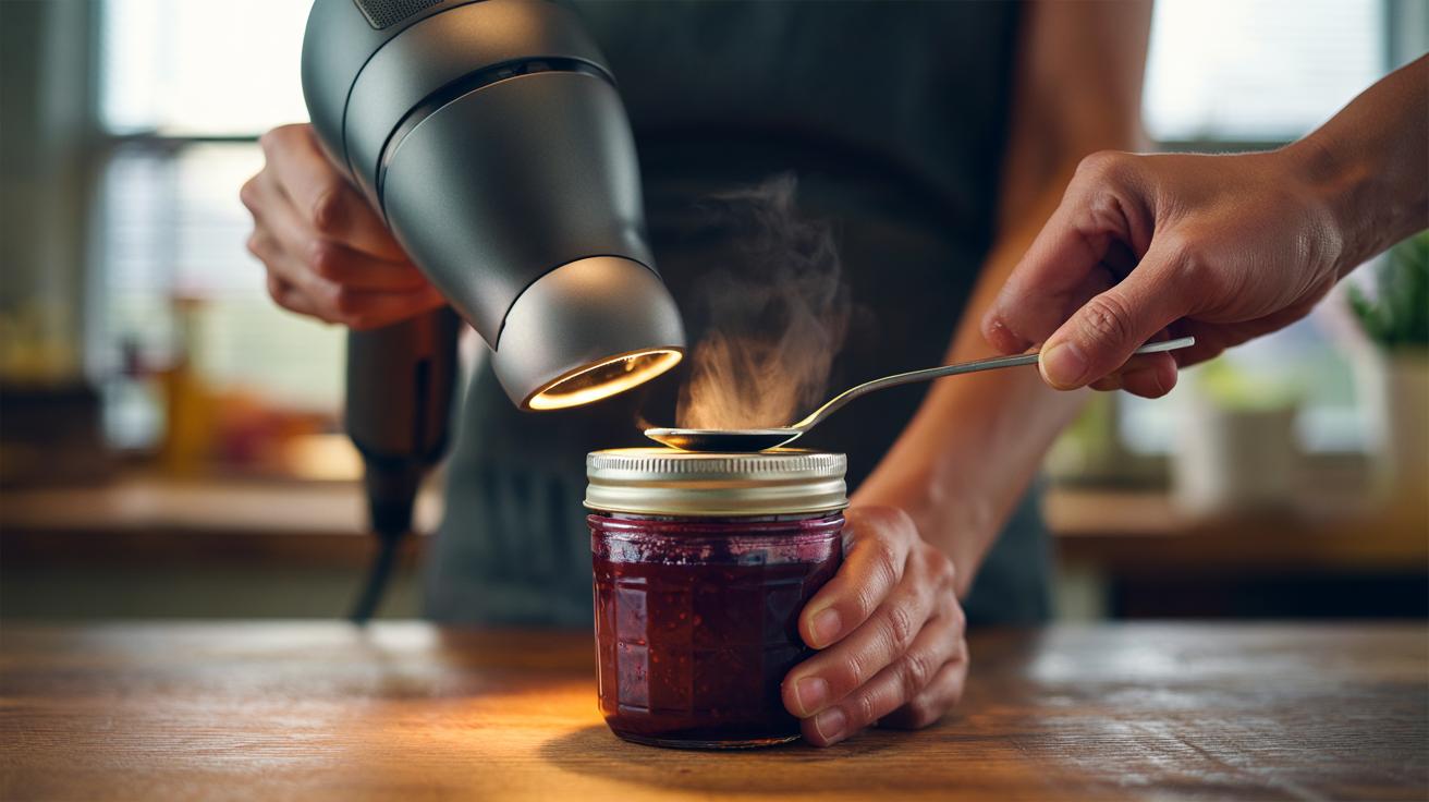 The hairdryer + spoon hack that opens stubborn jar lids fast : how heat expands metal just enough