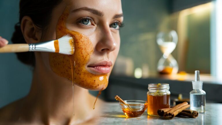 Illustration of a honey and cinnamon facial mask gently lightening facial hair as hydrogen peroxide forms slowly over hours