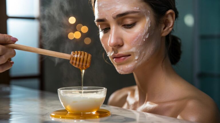Illustration of a honey and milk facial mask for hormonal acne, showing lactic acid exfoliation working with honey’s antibacterial action