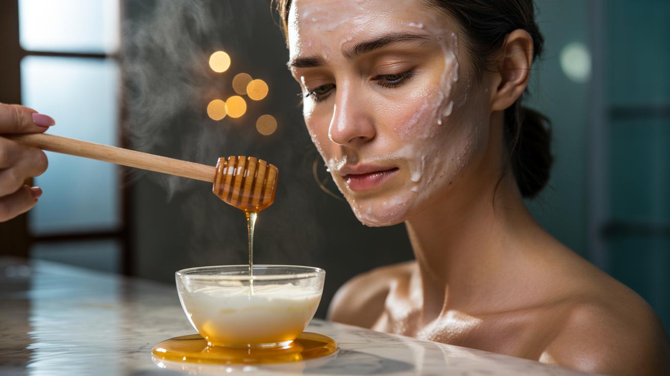Illustration of a honey and milk facial mask for hormonal acne, showing lactic acid exfoliation working with honey’s antibacterial action