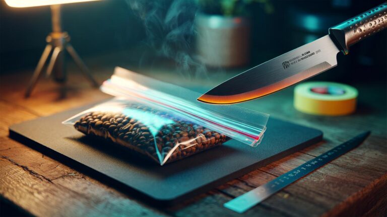 Illustration of a hot knife applying heat to seal the edge of a plastic bag