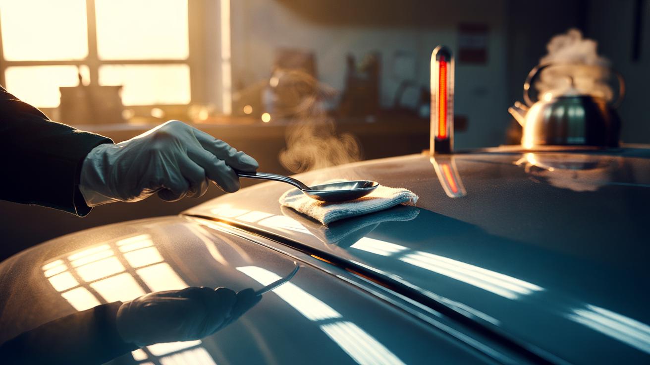 Illustration of a heated metal spoon being applied to a small dent on a car door panel to gently expand the metal