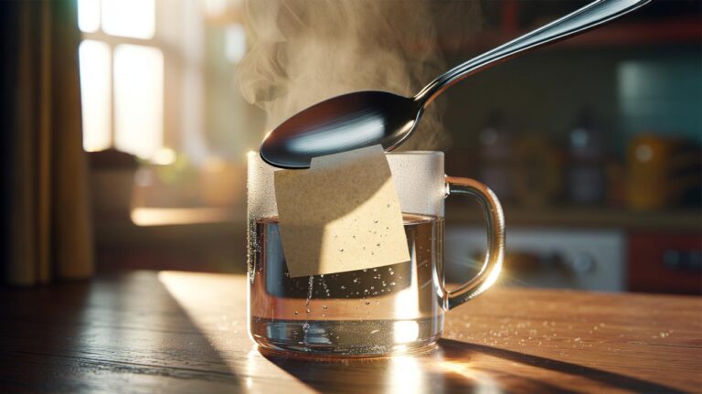 Illustration of a hot spoon pressed onto a sticker on a glass jar to soften adhesive for clean, damage-free removal